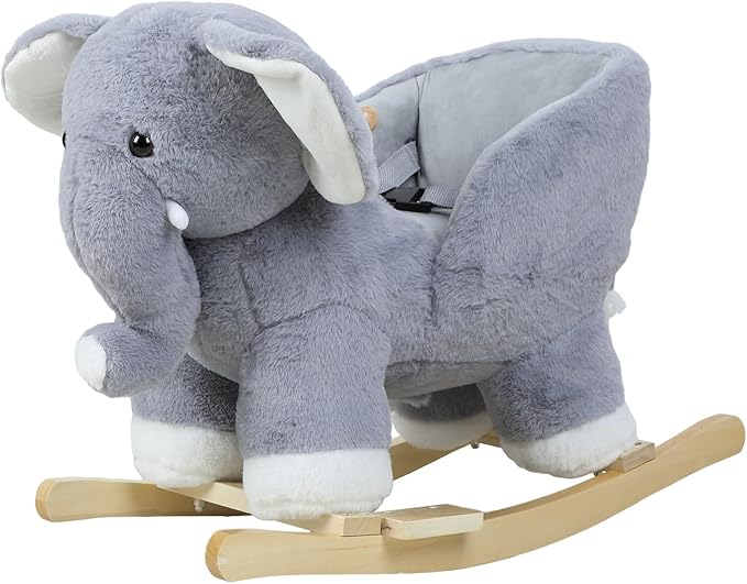 Baby Rocking Horse for Toddlers 1-3, with Music Sound, Elephant Shape, Stuffed Plush Ride-on Baby Rocker Chair with Wooden Base, Ergonomic Handle (Grey)