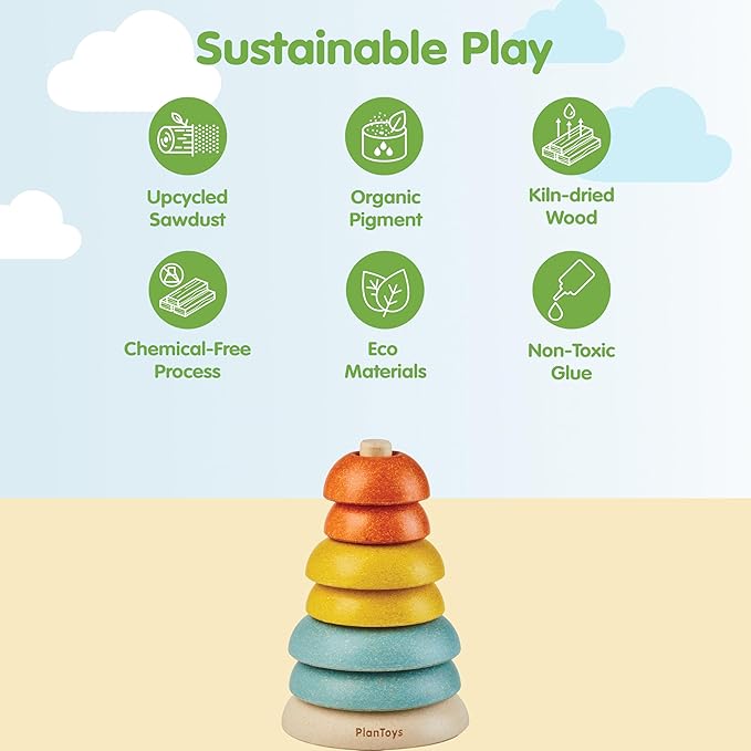 PlanToys® Stacking Cups Ring Wooden Montessori Size and Colour Sorting Toy | Fine Motor, Early Math and Coordination Development | Eco Friendly Educational Activity for Toddlers