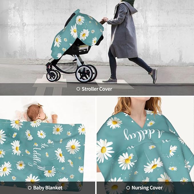 Daisy Personalized Baby Car Seat Canopy – Custom Name Minky Opening Nursing Cover, Soft Infant Carseat & Stroller Cover for Newborn Boys and Girls
