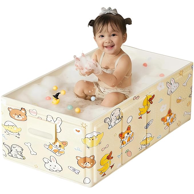 Foldable Baby Bathtub with Cute Animal Print, Portable Infant Bath Tub ，31.5x17.7x9.8 Inch Expanded (Yellow)