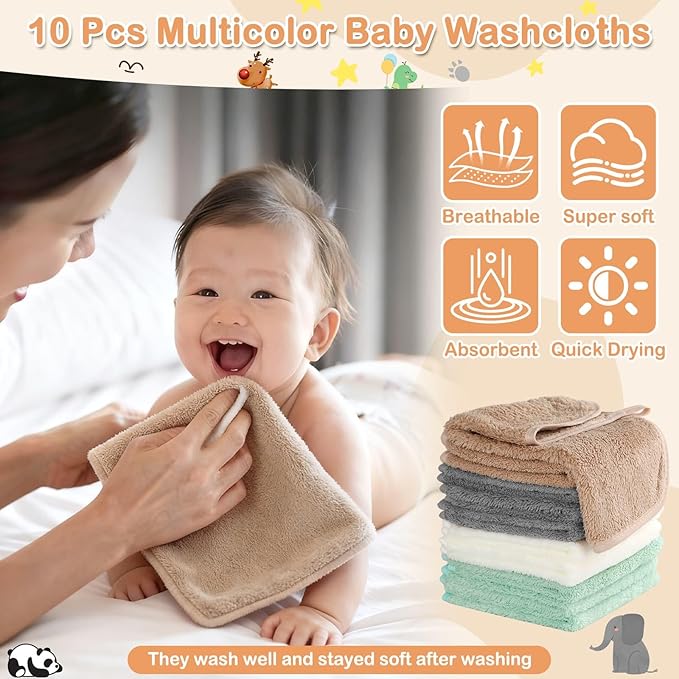 Flasoo 14 Pcs Baby Towels Set, Baby Towels and Washcloths Set,4 Pcs 32x32 in Cute Hooded Bath Towel & 10 Pcs Baby Washcloths for Infants, Toddlers and Kids - Dinosaurs, Pandas, Elephants & Moose