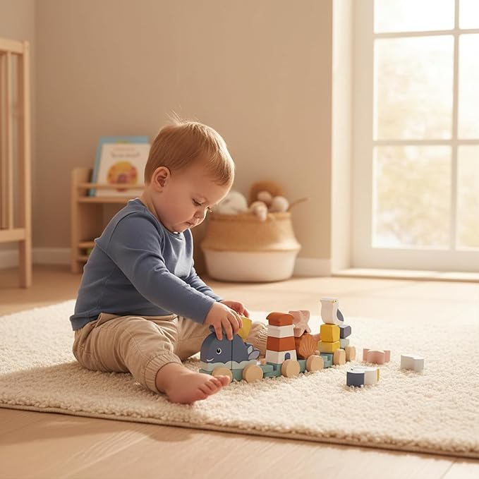 SPEEDY MONKEY Ocean Train Stacker for Toddlers 12m+ | Wooden 15 Piece Stacking & Sorting Toy | Seaside-Themed Train Pull Along for Walking & Crawling | Fine Motor & Early Learning Gift for Kids