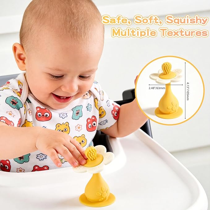 Baby Silicone Flower Teether & Rattle Toys for Babies 0-24 Months, Nipple-Shaped End for Sucking Needs - 360° Toothbrush Teether Head for Sore Gums, Stand-up Base, Flower Texture, Easy to Grip -Yellow