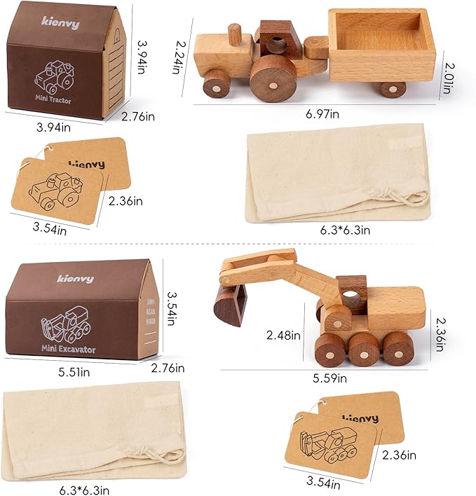 Wooden Toy Cars for 3 Year Old Boys & Girls - Construction Vehicles Set Push Toys for Toddlers, Wood Montessori Car with Rolling Wheels, Natural Wood Toys (Excavator & Tractor)