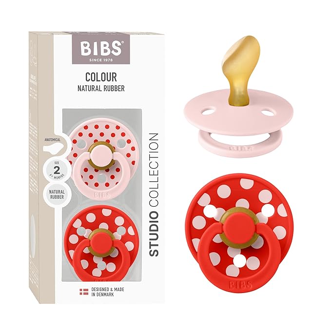 BIBS Polka Dots Pacifier 2-Pack, BPA Free Pacifiers with a Anatomical Latex Nipple, Made in Scandinavia, Size 2 (6-18 Months), Blossom/Candy Apple