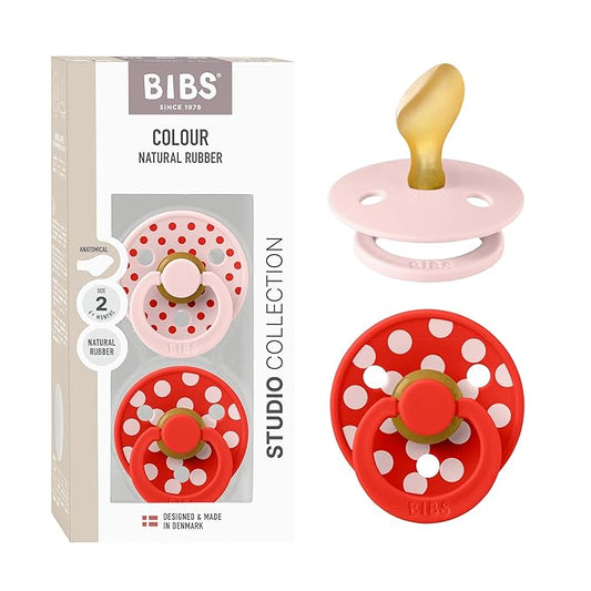 BIBS Polka Dots Pacifier 2-Pack, BPA Free Pacifiers with a Anatomical Latex Nipple, Made in Scandinavia, Size 2 (6-18 Months), Blossom/Candy Apple