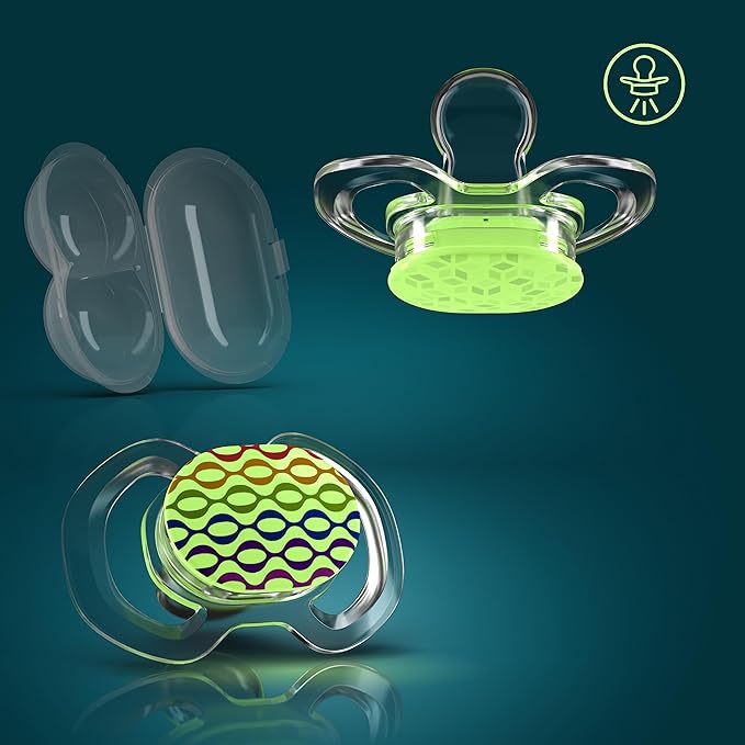 Smilo Baby Pacifier - 2 Pack of Slimline Pacifiers for Babies with Sterilization Box - Stage 1 for Babies 0-3 Months - 100% Silicone Newborn Pacifiers BPA Free - Glow in The Dark
