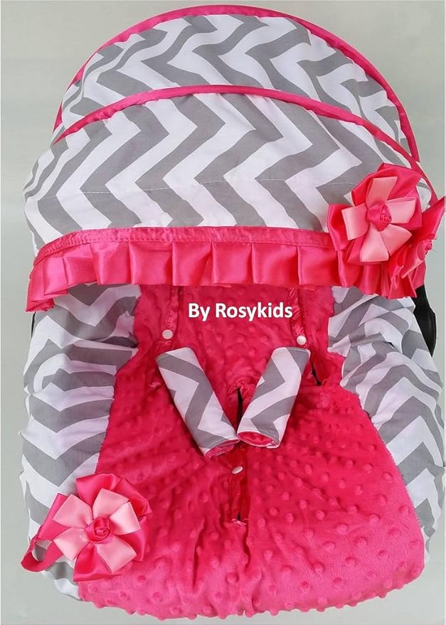 Rosy Kids Infant Carseat Canopy Cover 4pc Whole Caboodle, Baby Car Seat Cover Baby Blanket Outdoor Kit, Cotton Chevron Print, Hot Pink