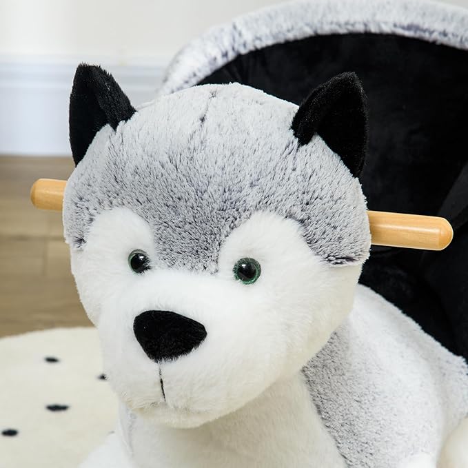 Qaba Wooden Rocking Horse, Husky Themed Rocking Animal for Baby, Animal Rocker Ride-On Toy for Kids 18+ Months with Realistic Sounds, Seat Belt, Gray