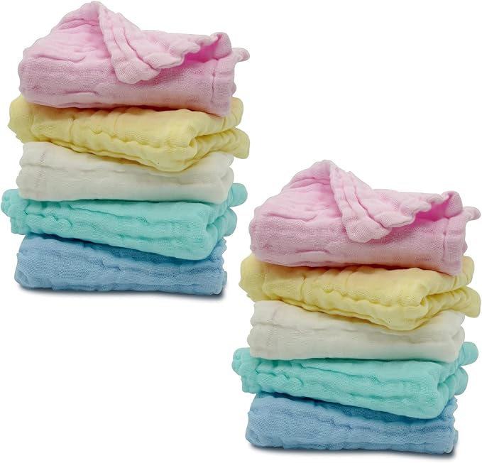 Pack of 10 Baby Muslin Washcloths Set (12”x12”), 6 Layers Multi-Colored Baby Washcloths Made of 100% Organic Cotton Highly Absorbent and Ultra Soft Wash Cloths for Your Baby
