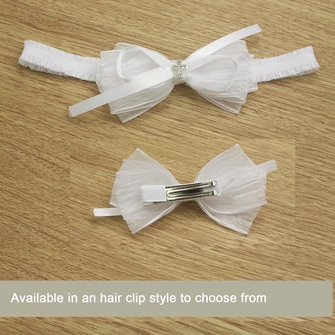 Nihao Baby White Organza Bow Headband for Toddler (0-6 months) - Handmade Bow for Baptism, Christening, First Communion, Weddings, Baby Shoots, Birthdays and more