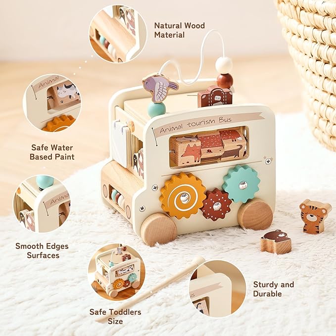 Wooden Activity Cube 8-in-1 Montessori Toys | Multifunctional Early Educational Learning Toys | Wooden Toy for Baby Shape Sorter Xylophone Animal Travel Bus Boy Girl Birthday Gift（Beige Bus）