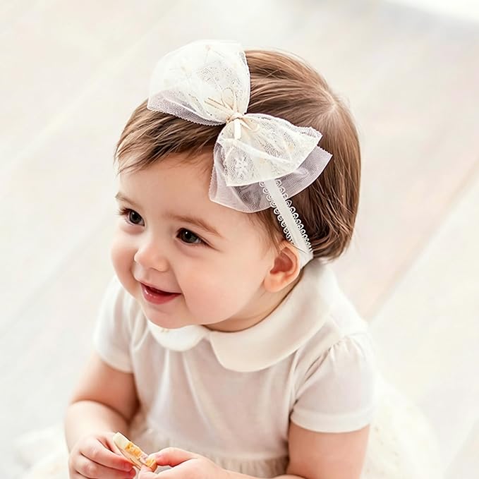 Baby Girls Bow Lace Headband Cute Soft Hairband White Butterfly Knot Headbands for Newborn Infants Toddlers Kids Christening Baptism Birthday Party Hair Accessories（Beige C）
