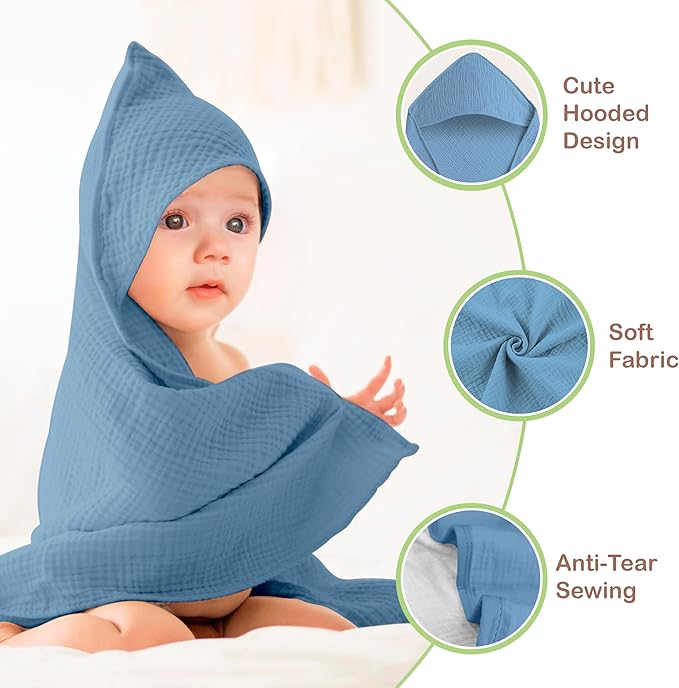 100% Organic Cotton Muslin Baby Hooded Towels 32x32 Inch – 2 Pack Soft & Absorbent Baby Towels with Hood for Boys & Girls, Premium Hooded Towels, Gentle Baby Essentials in Deep Blue/Aquarius