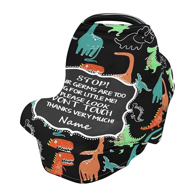 Personalized Dinosaur Baby Car Seat Covers for Boys, Customized No Touching Sign Carseat Canopy with Name, Infant Stroller Covers Multiuse Nursing Covers Breastfeeding Scarf, Newborn Gifts