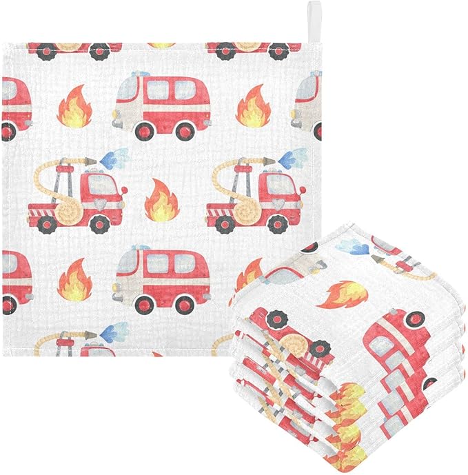 vvfelixl Fire Department Funny Cars Baby Burp Cloths, Baby Muslin Washcloths for Boys Girls, Cotton Baby Face Towel for Newborn Infants Soft and Absorbent 11.8 X 11.8 in, 5 Pack