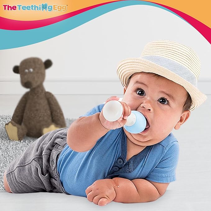 The Teething Egg and Grippie Stick - Baby Development Teething Toys 3, 4, 6, 12 Up to 18 Months Old Boy or Girl, Sensory Toys, A Baby Registry Must Have Teether, Blue