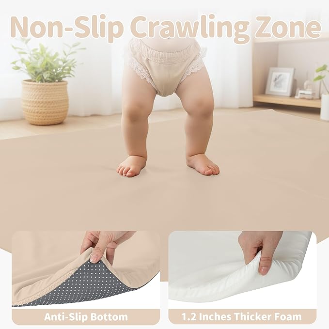 Bella's Friends Foldable Baby Play Mat for Floor, 50"x50" Vegan Leather Playpen Mat, 1.2" Extra Thick Foam, Non-Toxic, Wipe-Clean, Travel-Ready, Non-Slip Crawling Mat for Kids Toddlers&Infants, Beige