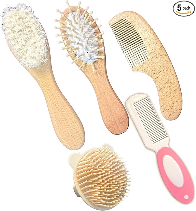 5PCS Baby Brush and Comb Set, Baby Hair Brush with Soft Goat Bristles, Cradle Cap Brush for Cradle Cap Care, Baby Care Essentials for Newborns, Toddlers, Girls and Boys