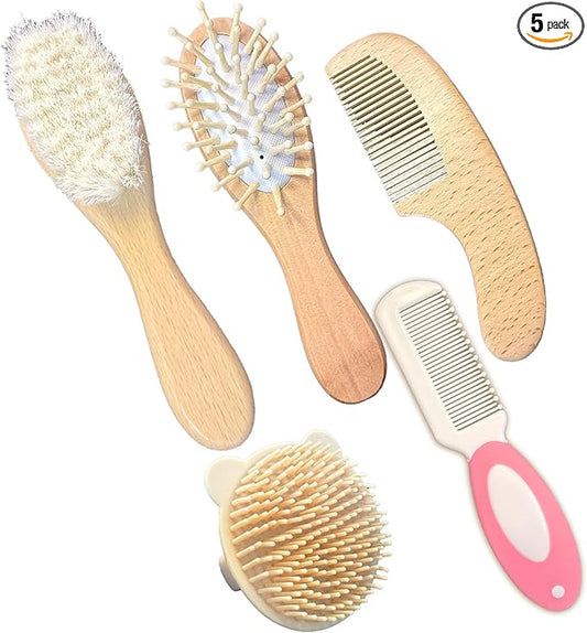 5PCS Baby Brush and Comb Set, Baby Hair Brush with Soft Goat Bristles, Cradle Cap Brush for Cradle Cap Care, Baby Care Essentials for Newborns, Toddlers, Girls and Boys
