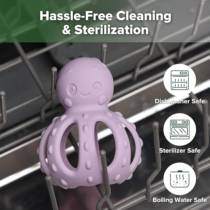 haakaa Octopus Rattle Teether,2-in-1 Baby Teething Toy with Gentle Rattle,Soft Textured Teether for Sore Gums,Easy to Grasp Sensory Toy for Babies 3M+,Lavender