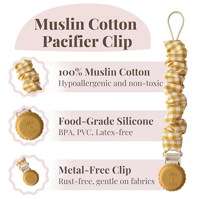 Muslin Cotton - Metal-Free Pacifier Clips, Lightweight and Secure Pacifier Holder for Babies (Sun Éclat) - Mila & Lulu