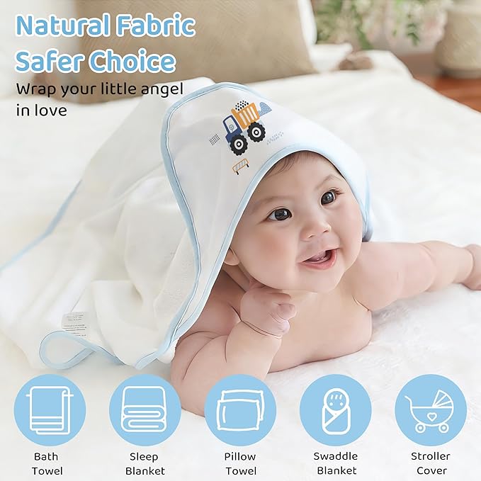 Mooreeke Baby Towel with Hood for Boys Blue Excavator Bath Towel for Babies Ultra Soft Absorbent 3 PCS Baby Towels and 3 PCS Washcloths for Newborn Essentials
