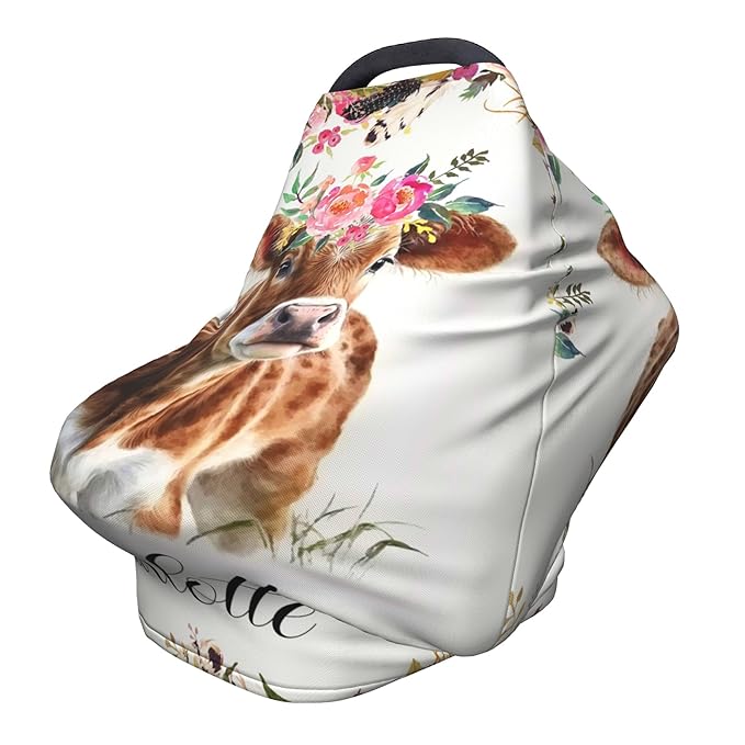 Personalized Cow Baby Car Seat Cover with Name,Multi-Use Canopy for Nursing, Strollers,Shopping Carts,Customized Breastfeeding Cover, Full Privacy,Infant Stroller Cover