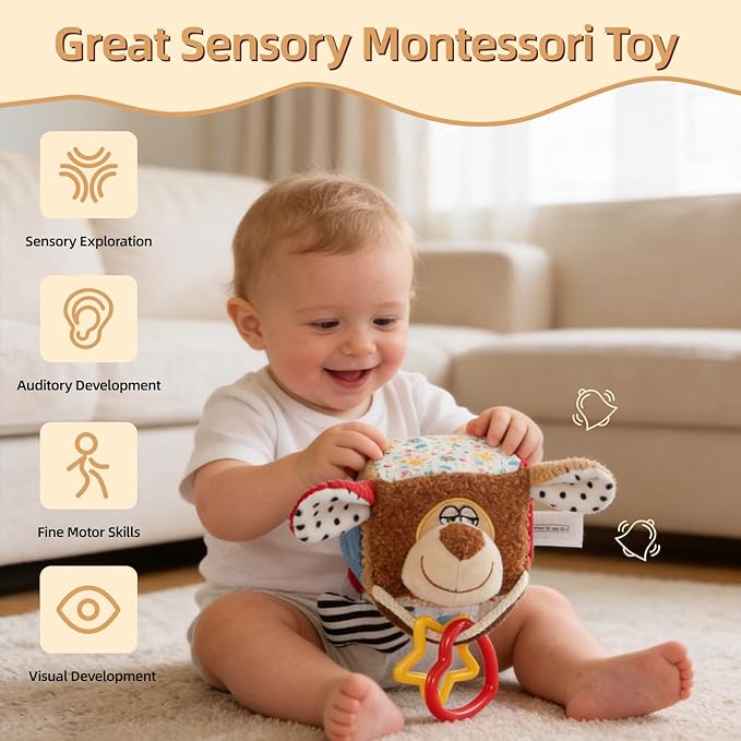 Hanging Baby Toy Cube for Car Seat, Infant Sensory Toys 0-6-12 Month, Montessori Plush Toys for Plane Travel Game Activity with Crinkle, Squeaky, Textures, Mirror Nowborn Baby Boy Girl Gifts