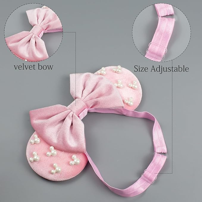 JIAHANG Mouse Ear Hair Bow Headband with Beadings, Adjustable Velvet Hair Bow Hair Band, Fashion Headwear for Newborn Toddlers, Kids
