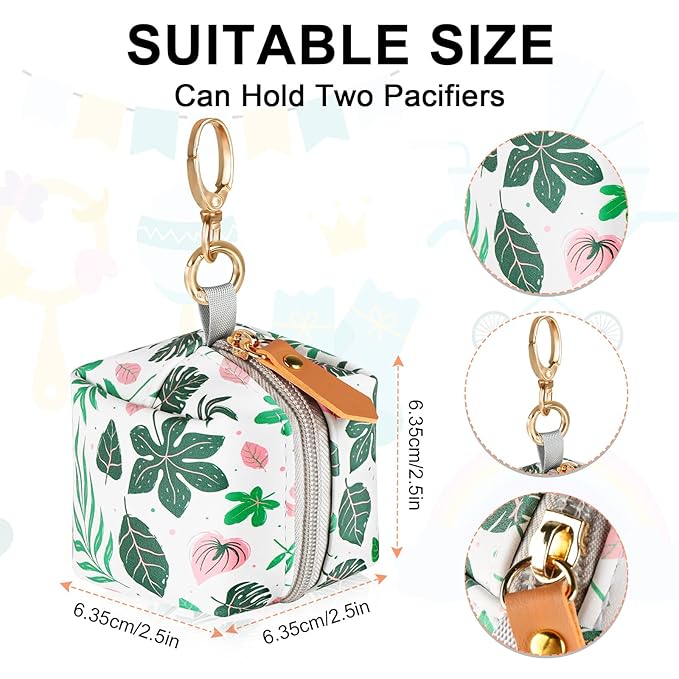 Baby Pacifier Case with Clip, Baby Pacifier Holder Pouch Box for Diaper Bag, Holds 2 Pacifiers for Travel Outdoor Activities, Small Baby Utensils,Green Leaf