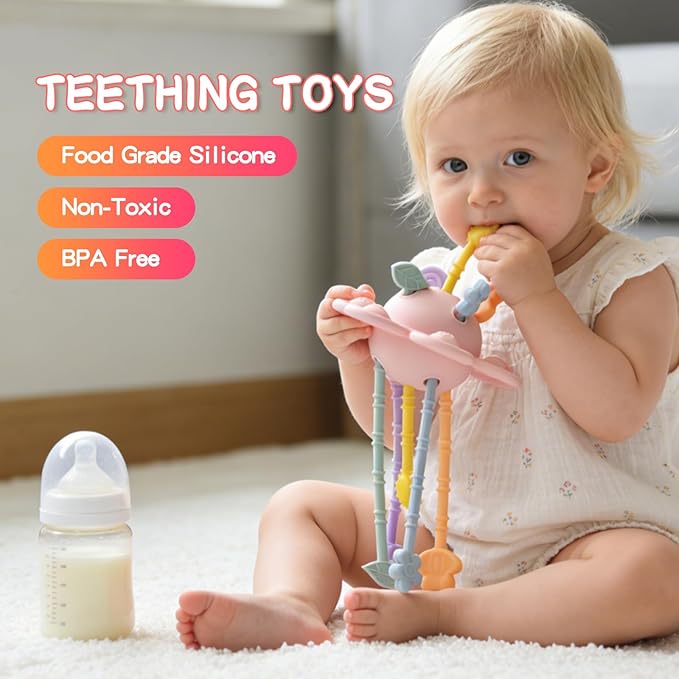 Food Grade Silicone Pull String Baby Toy, Montessori Pull String Sensory Toy for 18 Months Babies Teething Toys (Pink)