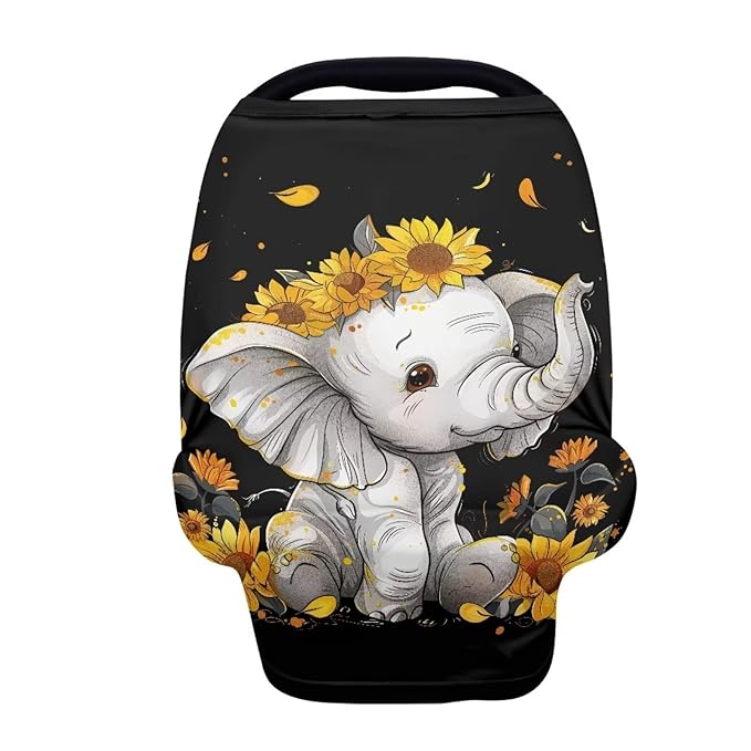 ZFRXIGN Elephant Sunflower Baby Car Seat Cover Cute Nursing Breathable Scarf Carseat Canopy Multi-Use Cover Ups for Stroller High Chair Shopping Cart Gifts Animal Black