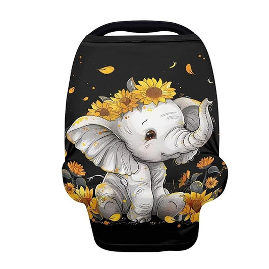 ZFRXIGN Elephant Sunflower Baby Car Seat Cover Cute Nursing Breathable Scarf Carseat Canopy Multi-Use Cover Ups for Stroller High Chair Shopping Cart Gifts Animal Black