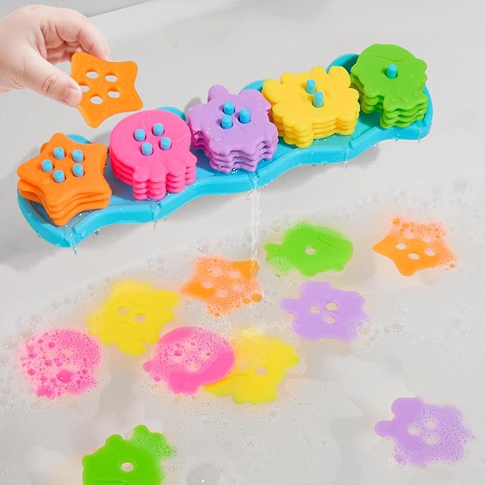 Bath Toys for Kids Ages 1-3 Mold Free Bath Toys for 1+ Year Old Educational Color and Shape Sorting & Stacking Toys with 20 Floating Pieces and Mesh Bag, Early Learning Toddler & Baby Tub Toys