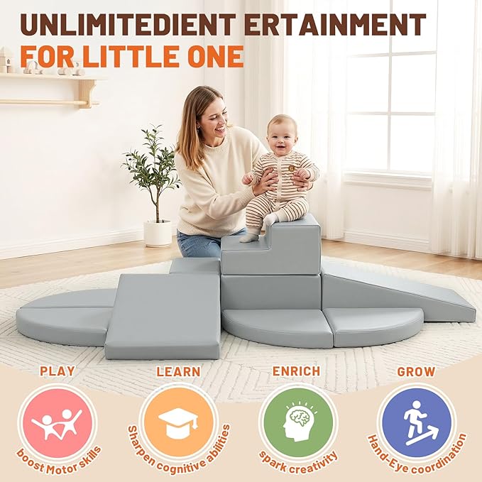 TODIBY 9-Piece Climbing Toys for Toddlers: Soft PU Leather Foam Blocks - Baby Climb and Crawl Activity Blocks - Kids Play Gym Equipment Indoor for Development(Grey)