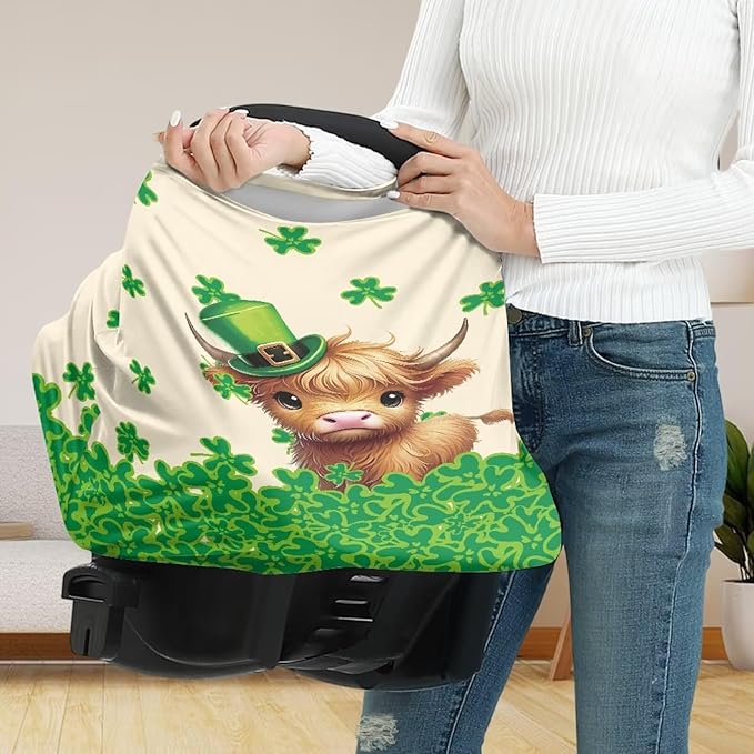 Wanyint Baby Car Seat Covers Nursing Cover Carseat Canopy Baby Breastfeeding Cover Multi-Use Nursing Scarf Infant Stroller Cover Home Decor, Highland Cow Leprechaun Hat Clover