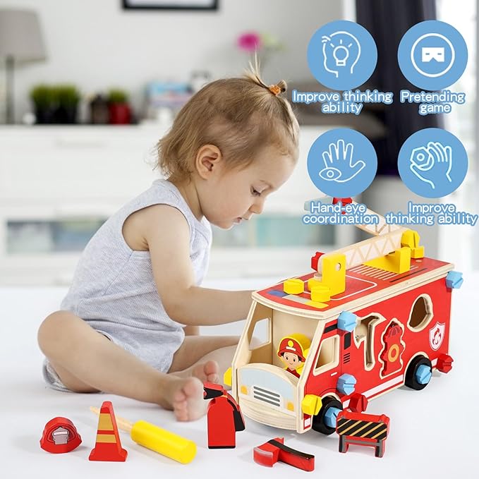 LOVELAND Wooden Fire Truck Toy – Take-Apart STEM Vehicle with Firefighter Tools & Shape Sorting, Montessori Educational Gift for Toddlers Boys Girls Ages 3+