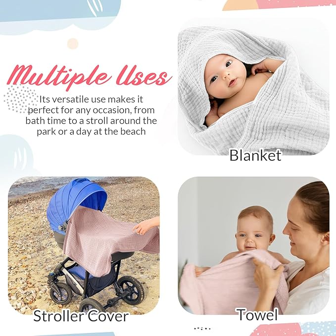 Hahafelt 6 Pcs Muslin Hooded Bath Towels Washcloths and Bibs Set, Muslin Cotton Baby Towels Absorbent Hooded Blanket Towel Infant Bibs for Boys Girls Newborn Infant Essentials(Pink, Light Pink)