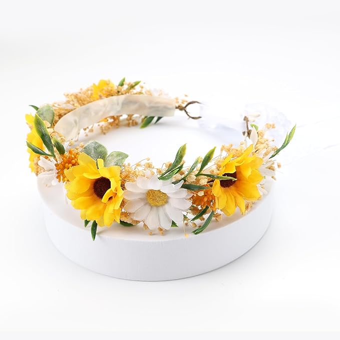 Sunflower Daisy Flower Crown for Toddler 1st Birthday Party Headpieces Midsummer Headband Baby Girls Hair Wreath Photo Prop Cake Smash Photography (Sunflower)