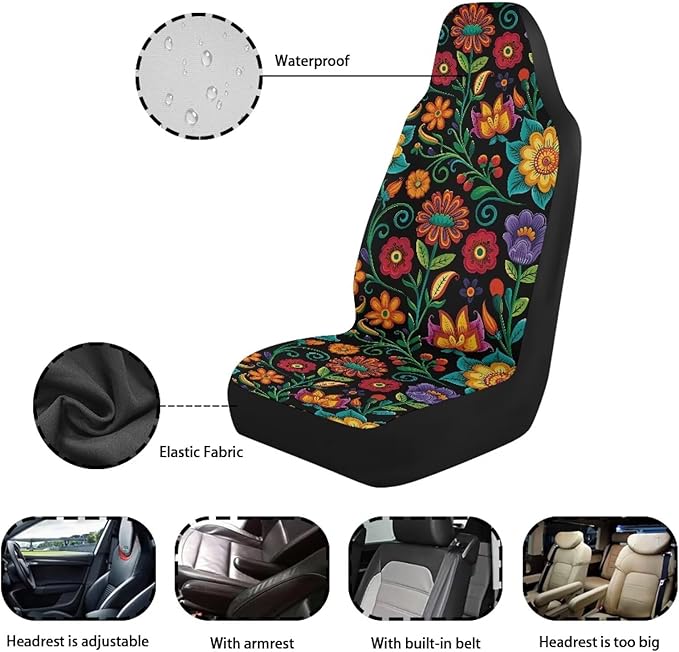 Wildflower Car Seat Covers Universal Front Car Seats Waterproof Anti-Slip Back Fabric Removable Automotive Accessories Suitable for Cars, SUV and Trucks
