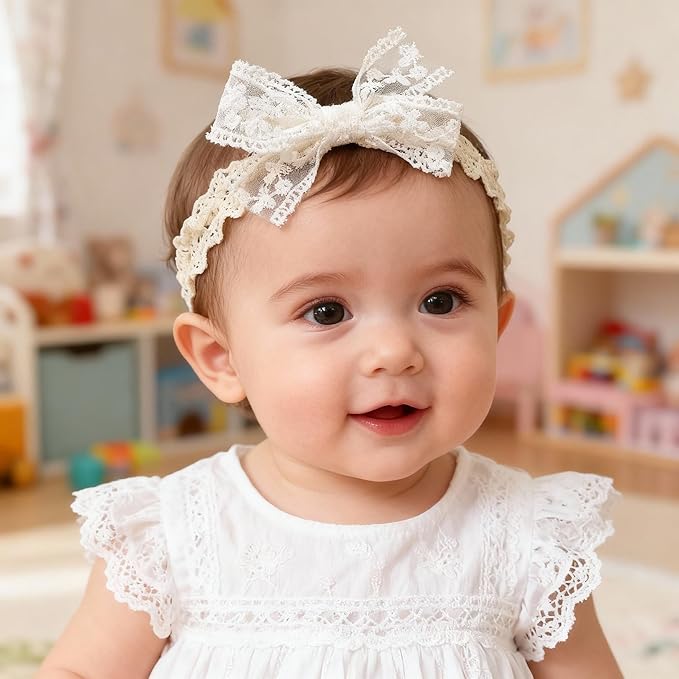 Baby Girls Bow Lace Headband Cute Soft Hairband White Butterfly Knot Headbands for Newborn Infants Toddlers Kids Christening Baptism Birthday Party Hair Accessories（Beige C）