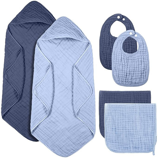 Hahafelt 6 Pcs Muslin Hooded Bath Towels Washcloths and Bibs Set, Muslin Cotton Baby Towels Absorbent Hooded Blanket Towel Infant Bibs for Boys Girls Newborn Infant Essential(Dark Blue, Light Blue)