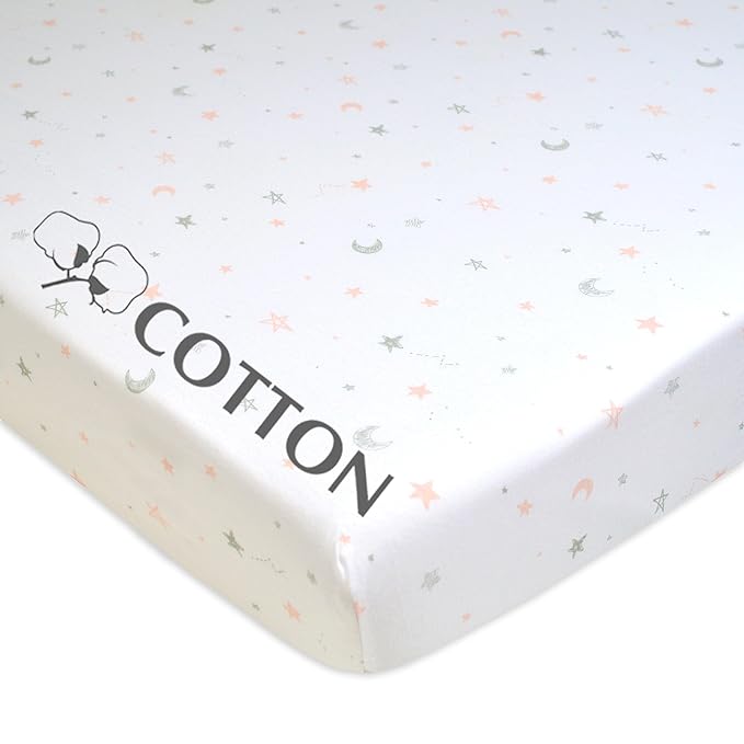 American Baby Company 100% Natural Cotton Fitted Pack and Play Sheet 39" x 27" - Soft & Breathable Pack N Play Sheet for Playpen, Playard & Mini Crib Mattress, Pink Stars and Moon, for Boys & Girls