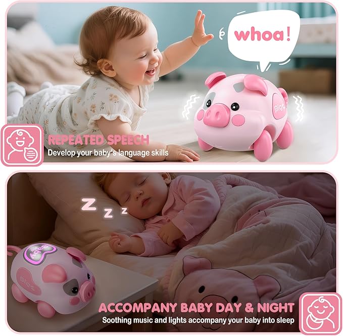 Baby Musical Toys for 6-12-18 Months, Musical Piggy Toys for Toddler 1 Year Old Baby Girl, Infant Crawling Light up Music Toys for Tummy Time Development, 1st Birthday Gift for Boy 7 8 9 10+ Month