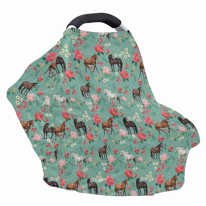 GIFTPUZZ Flower Horse Stretchy Car Seat Cover for Baby Girls, Nursing Cover Breastfeeding Cover, Soft Breathable Infant Carseat Canopy, Shopping Cart/High Chair/Stroller Covers for Mom