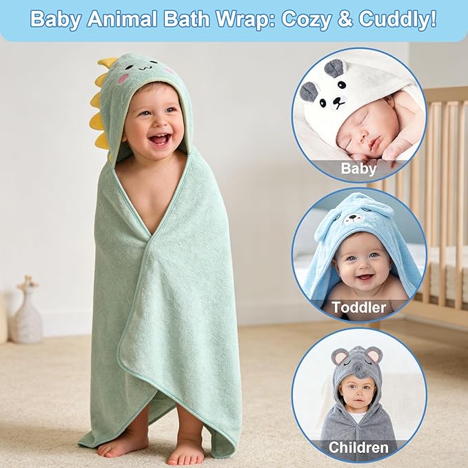 14PCS Baby Bath Towels Set, 4PCS Animal Hooded Baby Towels(31.5''x31.5'') & 10PCS Washcloths for Newborn, Toddler, Soft and Absorbent Coral Fleece, Essential Gifts for Boys & Girls