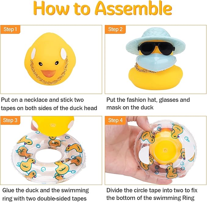 wonuu Car Duck Rubber Duck Car Ornaments Duck Car Dashboard Decorations with Cute Headband Swim Ring Necklace Sunglasses, A-Blue Hat-Blue Glasses