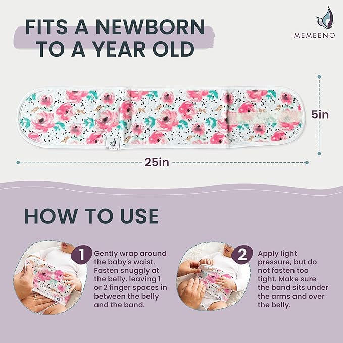 Organic Cotton Baby Belly Band, Wrap, Umbilical Cord Navel Belt, Binder for Infant Colic & Gas Relief, Newborn to 12 Months, by MEMEENO (Bloom)