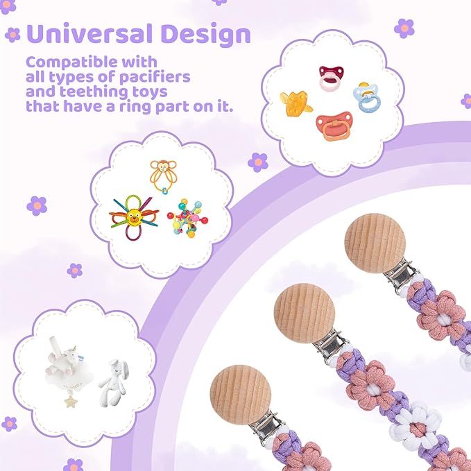 Pacifier Clip for Boys Girls Floral Daisy Macrame Baby Paci Clip Pacifier Holder Leash Boho Wooden Clips Handmade Braided Cotton Binky Clips (2pack:Pink Daisy & Lavender Style A)